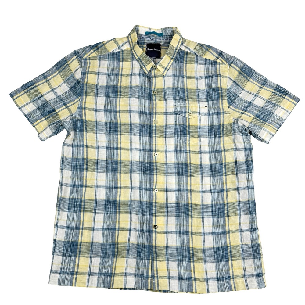 Tommy Bahama XL Linen Plaid Short Sleeve Button Up Shirt Casual Mens Blue Yellow - Picture 2 of 7